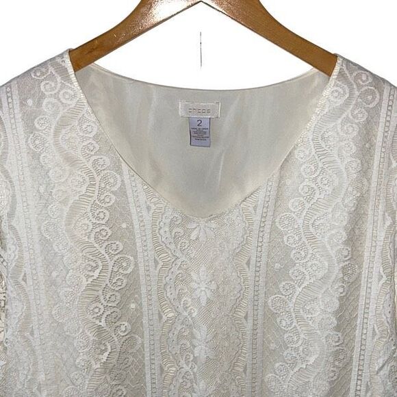 Chico's Womens V-Neck 3/4 Sleeve Lace Scallop Pullover Lined Blouse White Size 2 - Picture 2 of 7
